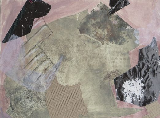 „Zwischen-Räume", 40 × 60 cm, Materialdruck und Collage auf Büttenpapier, 2024 Abstrakte Collage mit organischen Formen und verschiedenen Texturen in Creme- und Erdtönen.