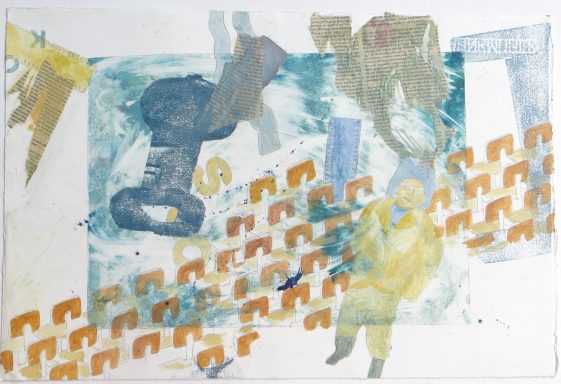 „HÖR-Saal", 56 × 38 cm, Materialdruck und Collage auf Büttenpapier, 2022 Abstraktes Kunstwerk mit verschiedenen Farben und geometrischen Formen.