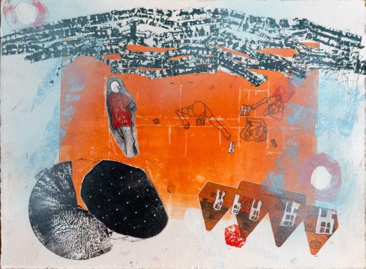 „seite an seite" 40 × 60 cm, Materialdruck und Collage, 2022 Abstrakte Komposition mit orangefarbenem Hintergrund, Figuren und grafischen Elementen.