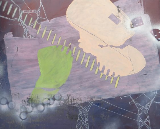 „Membran", 80 × 100 cm, Mixed Media Malerei auf Leinwand, 2023 Abstrakte Komposition mit sanften Farben, geometrischen Formen und einem technischen Hintergrund.