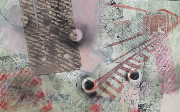 „Anyway ... have a nice trip", 70 × 90 cm, Mixed Media, Malerei auf Leinwand, 2023 Abstrakte Komposition mit Texturen, roten Linien und verschiedenen grauen und grünen Elementen.