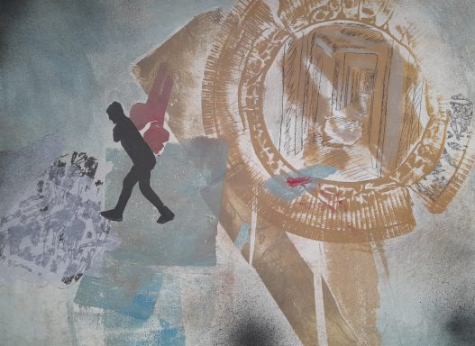 „reflections", 40 x 60 cm, Materialdruck und Collage auf Büttenpapier, 2023 Silhouette einer gehenden Person vor einer abstrakten, kunstvollen Kulisse.